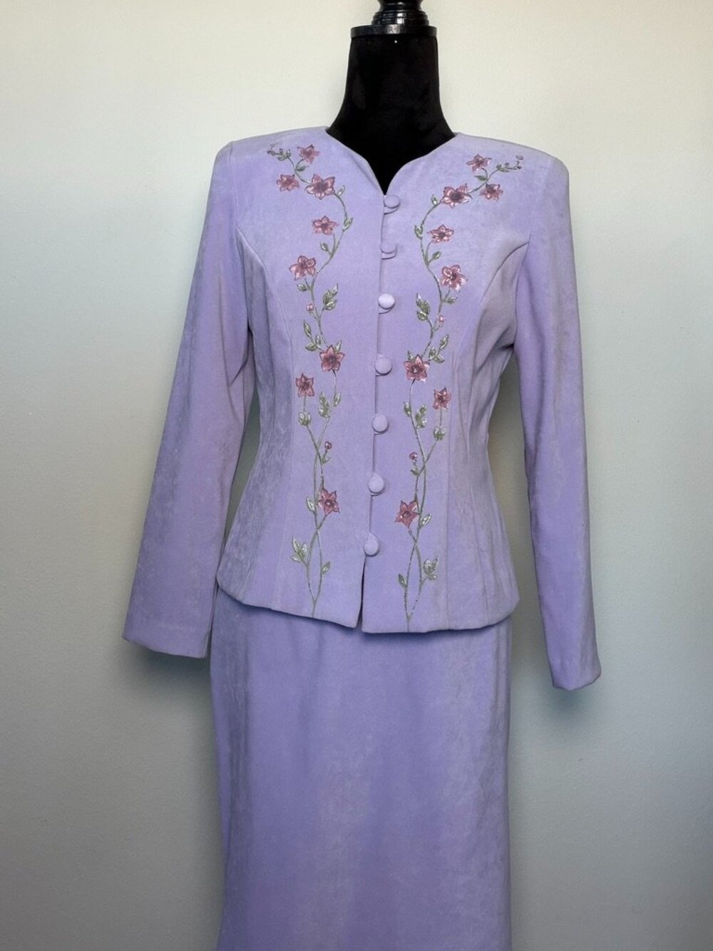 VTG 2PC Karin Stevens Petite 6 Lavender Floral Print Skirt Suit Set USA